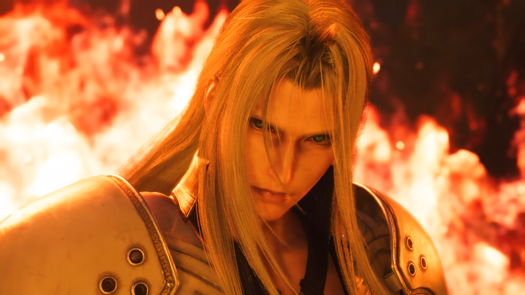 Sephiroth avec un expression déterminé devant des flammes dans Final Fantasy VII Rebirth sur Nintendo Switch 2