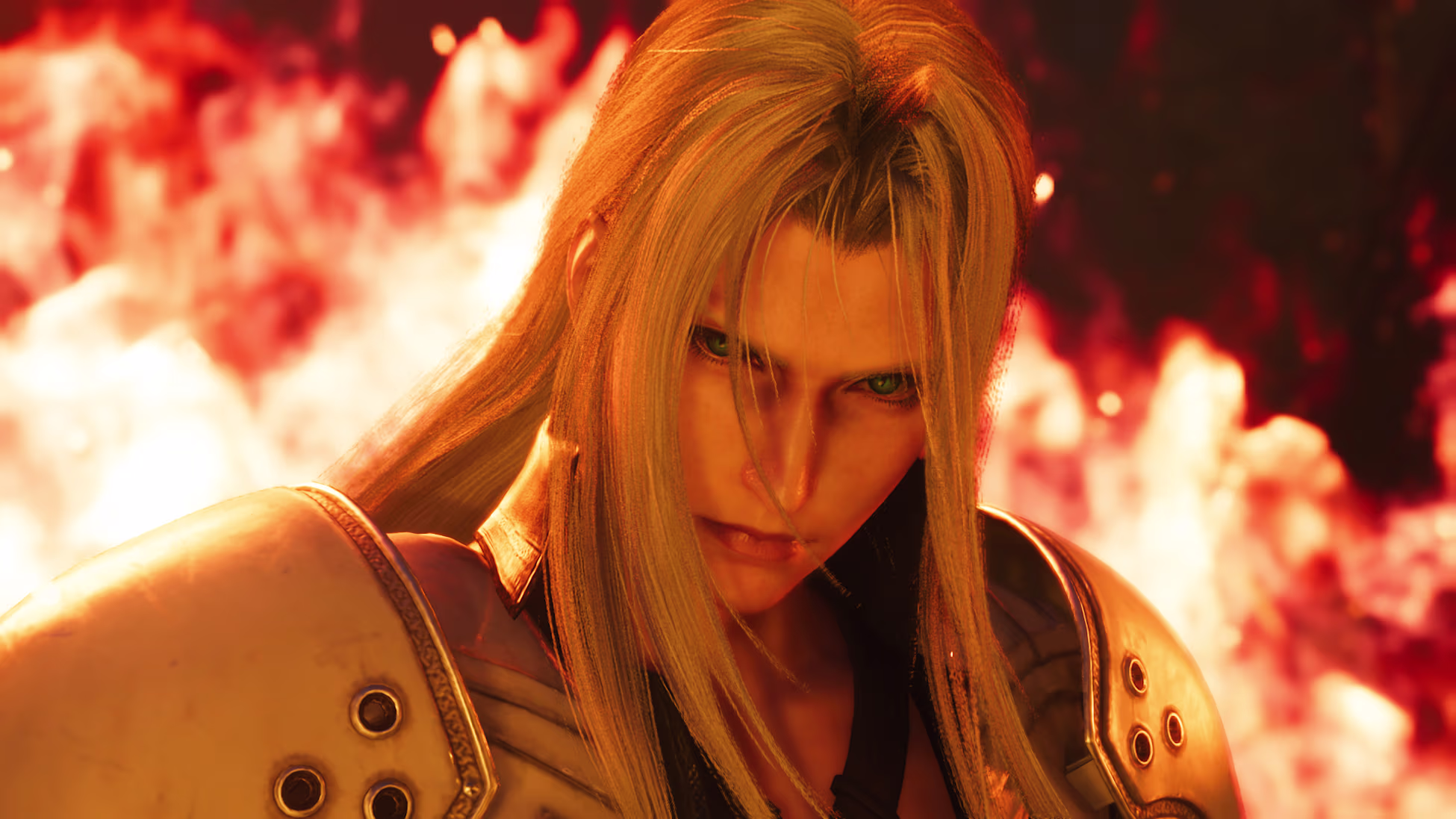 Sephiroth avec un expression déterminé devant des flammes dans Final Fantasy VII Rebirth sur Nintendo Switch 2