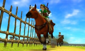 Link à dos d'Épona faisant une course au ranch lon lon dans The Legend of Zelda Ocarina of Time