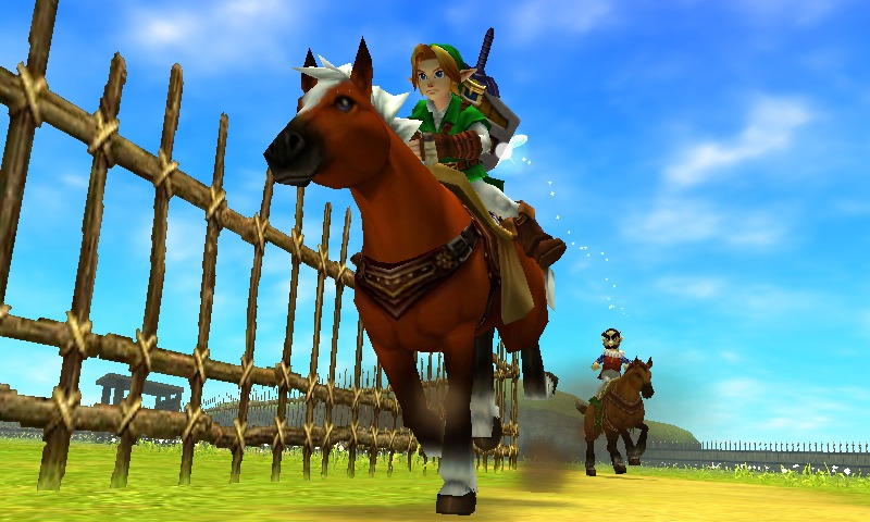 Link à dos d'Épona faisant une course au ranch lon lon dans The Legend of Zelda Ocarina of Time