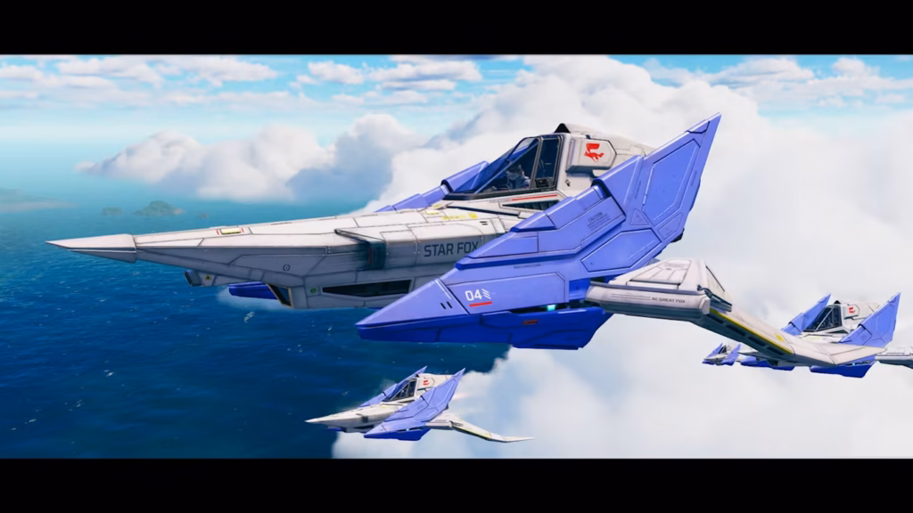 Vaisseaux bleu de Fox McCloud dans Star Fox sur Nintendo Switch 2